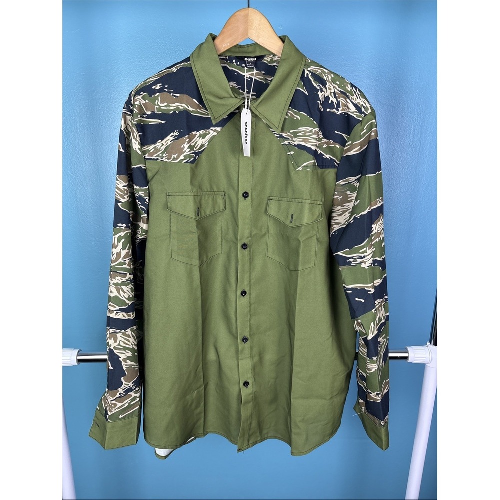 Ouku Men's Long‎ Sleeve Button Up Shirt Size Large Green Jungle Camo Gorpcore